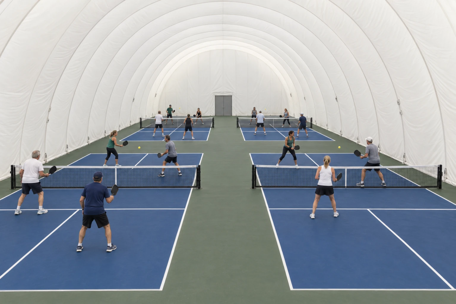 Pickleball-Doppel unter einer Traglufthalle am Standort des früheren Kleinfeldplatzes, dahinter das Klubhaus