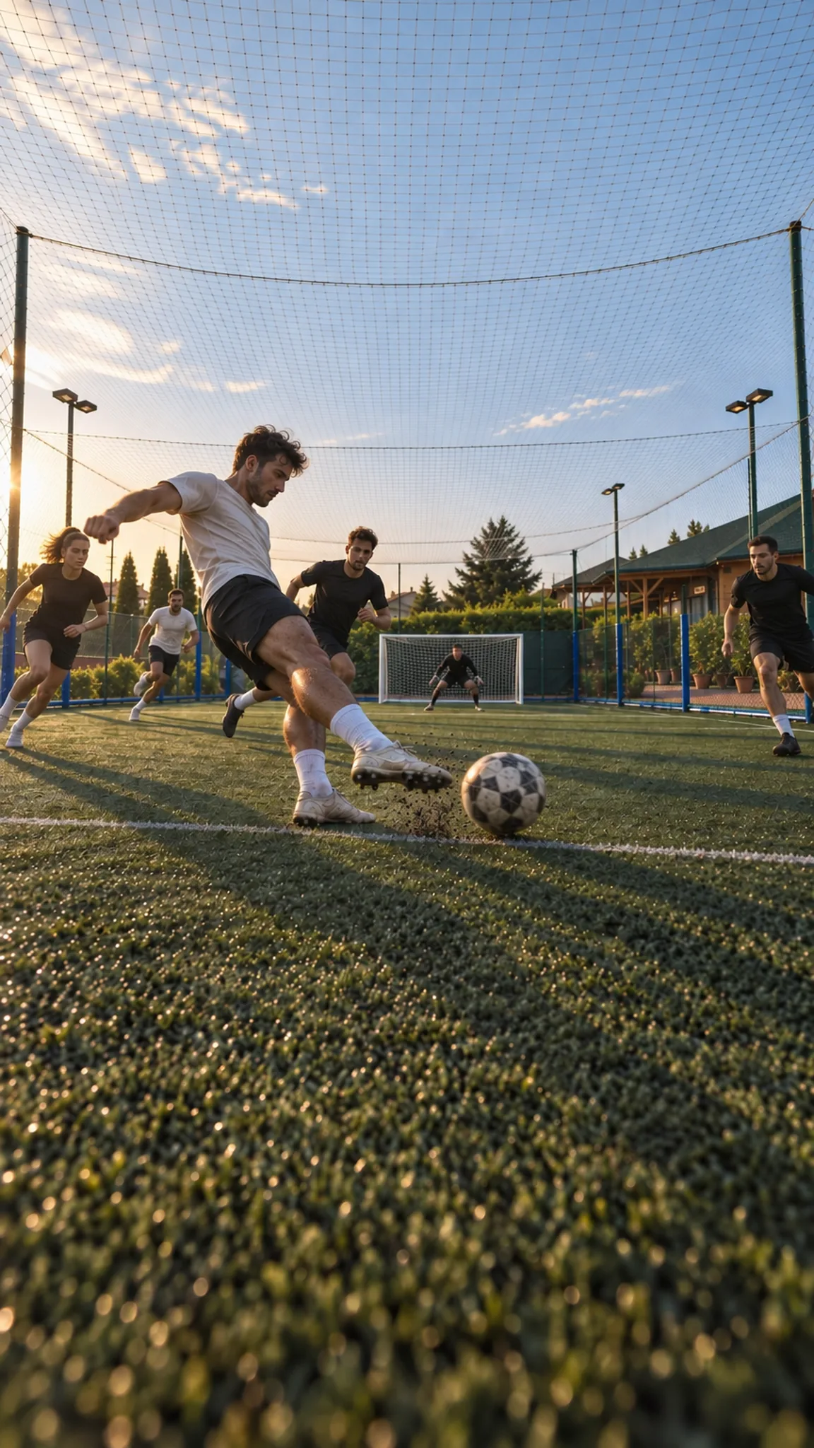 A shot on goal in the five-a-side cage, netting overhead