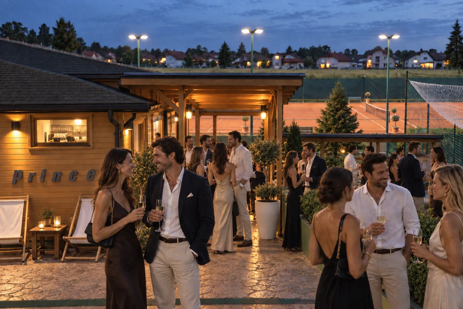 An evening on the terrace by the floodlit courts