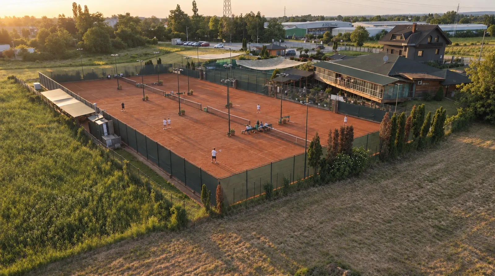 The courts from the corner, players on all five