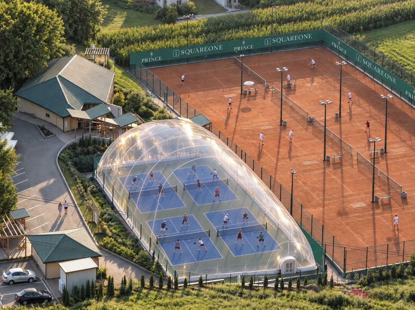 Visualisierung: das Zentrum aus der Luft zur goldenen Stunde, am Standort des früheren Kleinfeldplatzes eine Traglufthalle mit vier Pickleballplätzen in 2 × 2, rechts die Tennis-Sandplätze