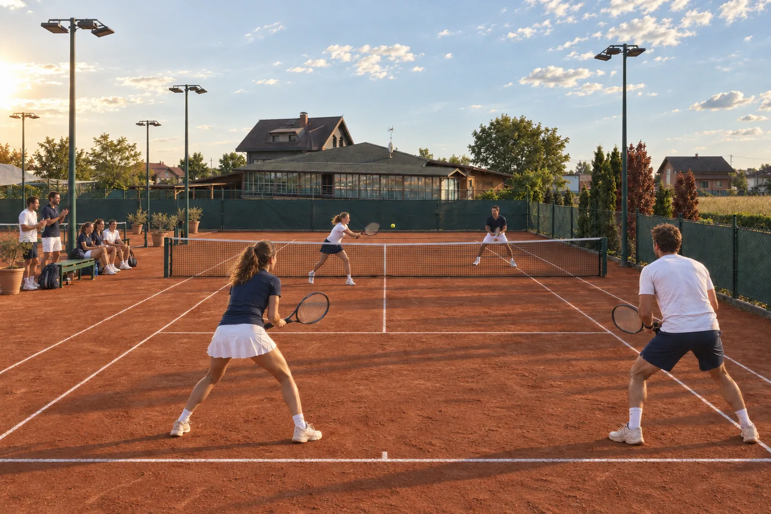 Teambuilding auf Platz 1: Kollegen spielen Doppel, die anderen feuern am Zaun und von der Bank an