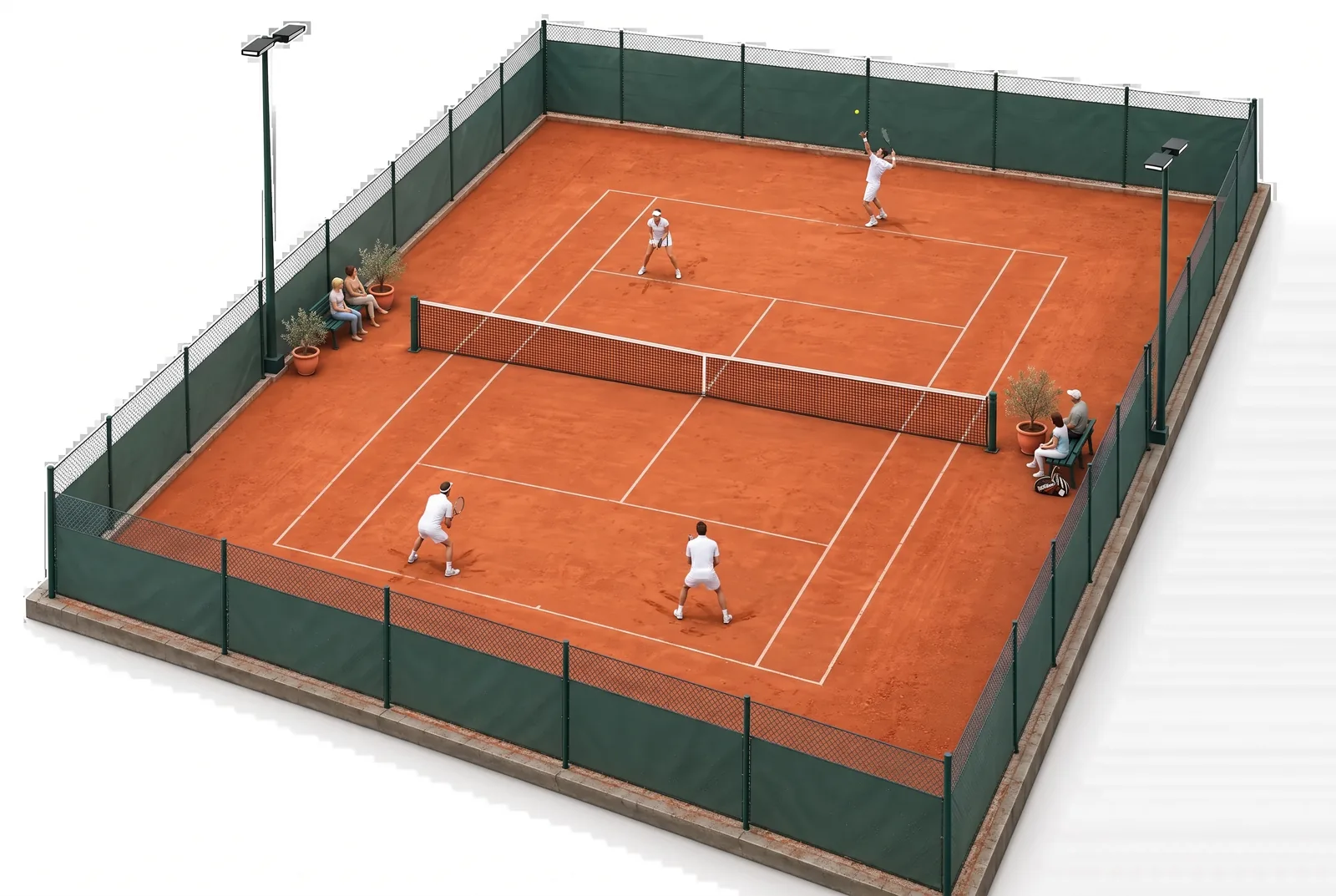 3D view of court 1 with a doubles match