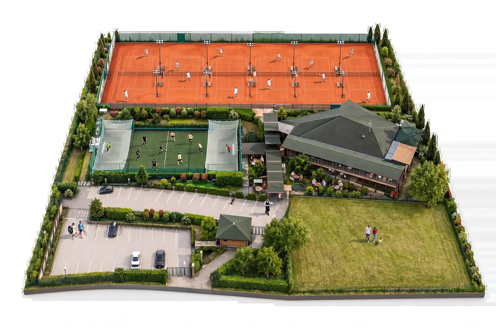 3D diorama of the venue with players and guests
