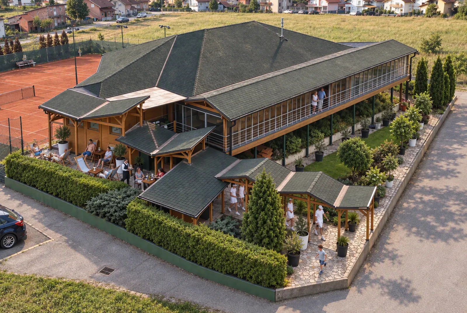 3D view of the terrace with guests